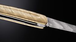 Taschenmesser: Steakmesser "to go", Taschenmesser Volldamast goldfarbig