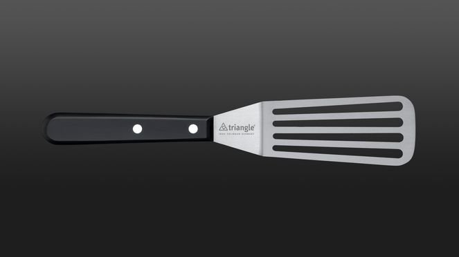 
                    The triangle spatula is slit and made from stainless steel
